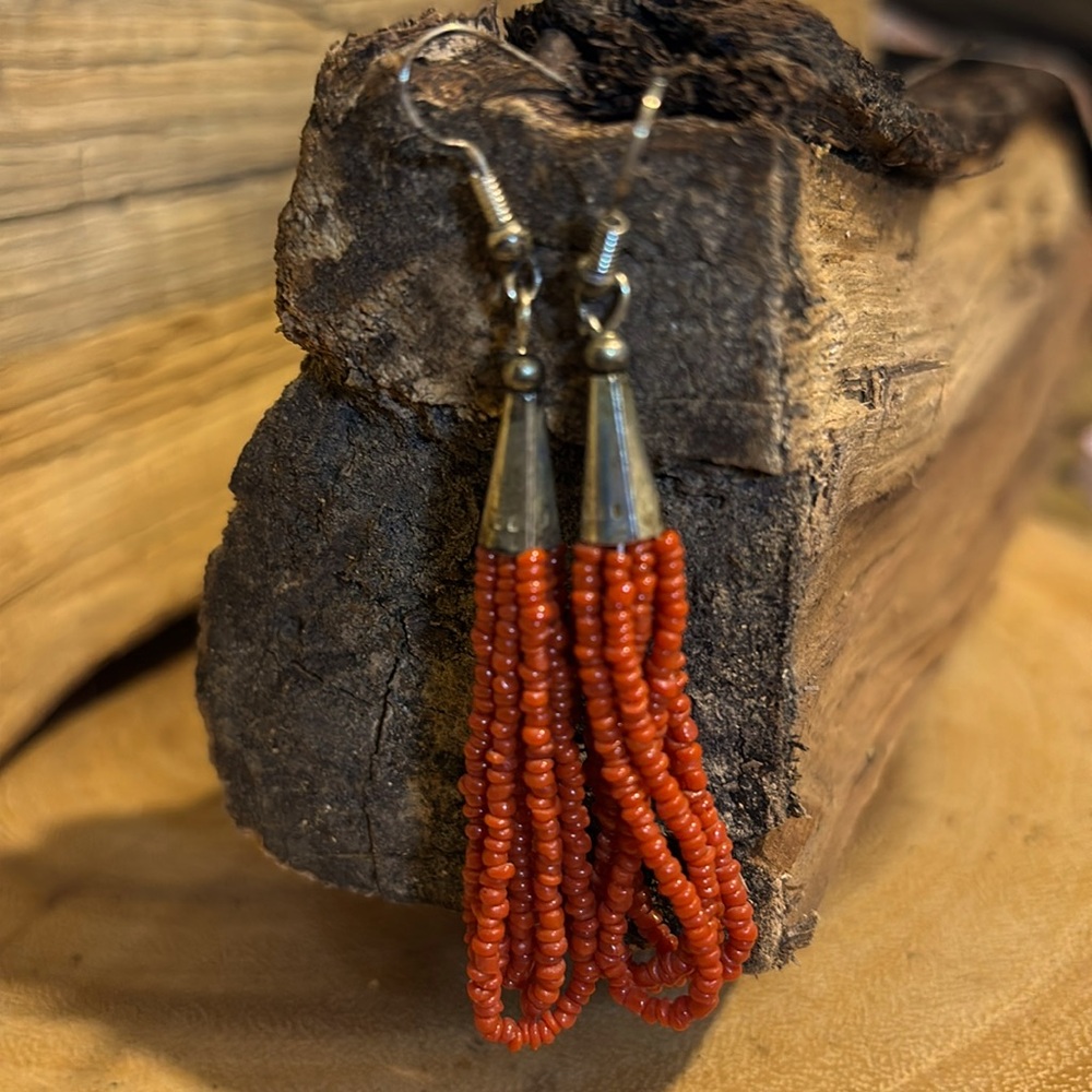 Vintage Southwest Style Sterling Silver Cone and Coral Color Seed Bead Earrings